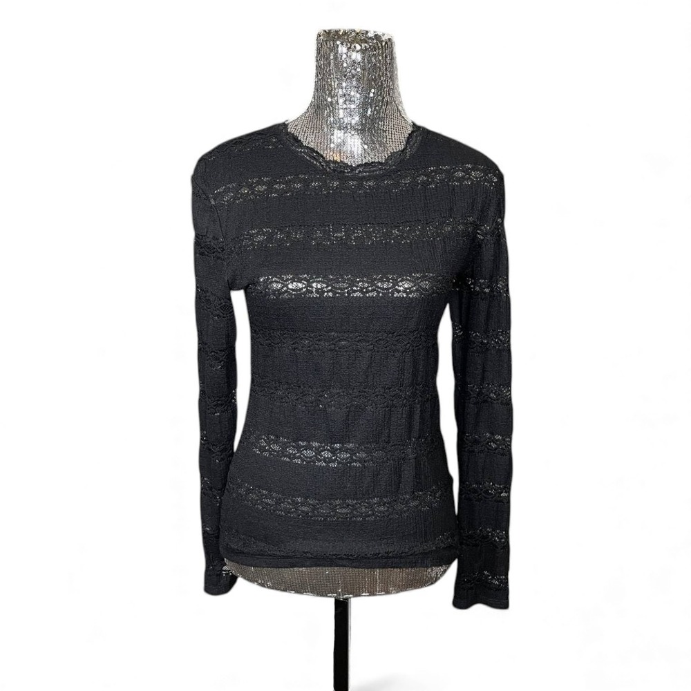 Whimsigoth Black Sheer Lace Stripe Long Sleeve Fitted Layering Top Large Evening